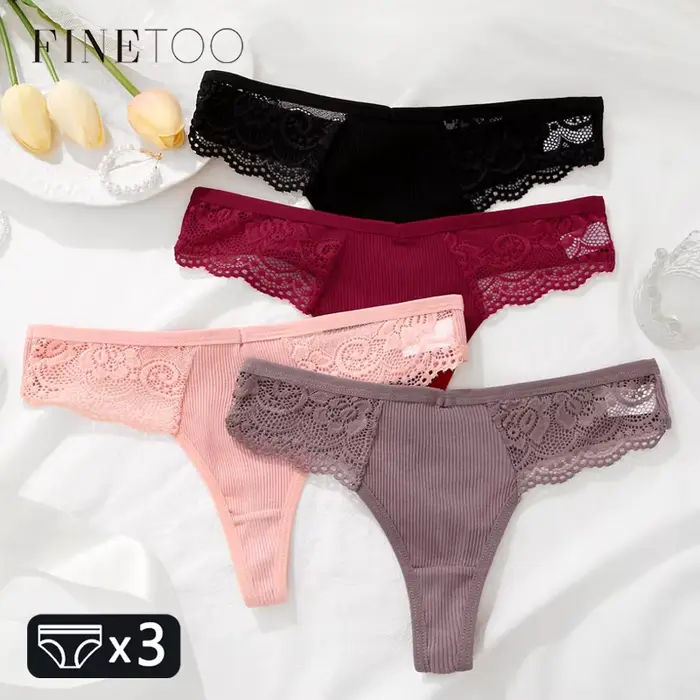 Pletená bavlnená spodná bielizeň zdobená kvetinovou čipkou, 3 kusy, nízky pás, tangá, elegantné a sexy ženské spodné prádlo