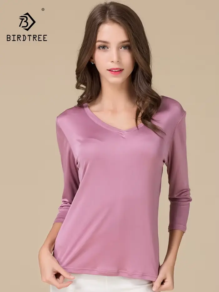 Birdtree, T-shirt en soie véritable à 25 %, double tricot, couleurs unies, col en V classique, manch