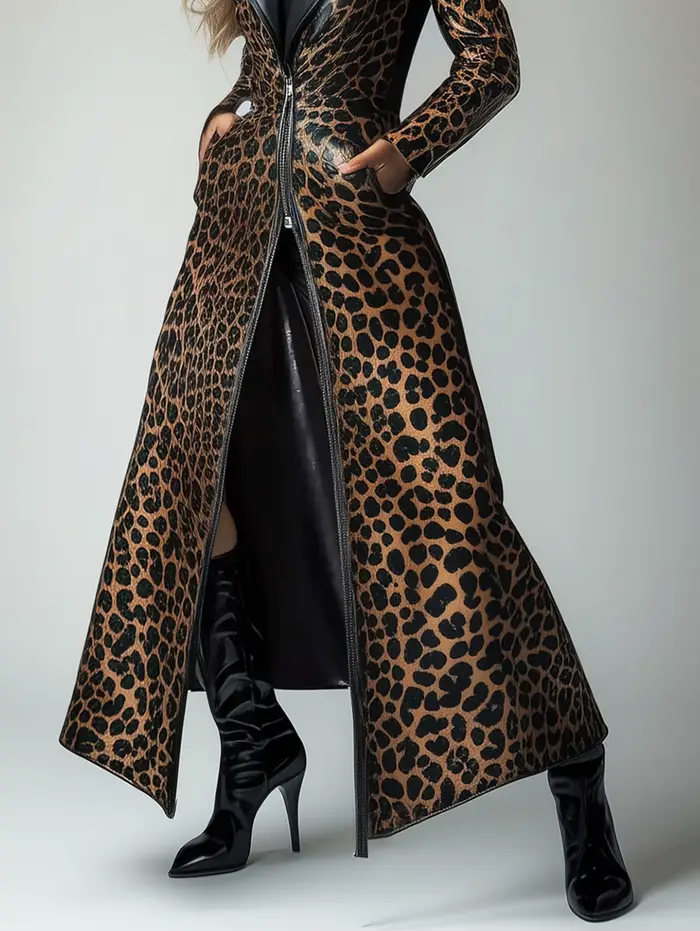 Ženský polyesterový trenčkot s leopardím vzorom pre ženy, ležérny a elegantný pre každú príležitosť