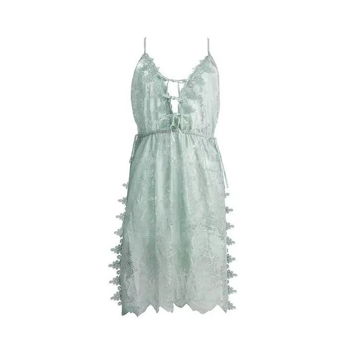 Pyjama en dentelle à fleurs vertes pour femmes, Transparent, décolleté en V profond, dos nu, Lingerie, bretelles Spaghetti avec tongs