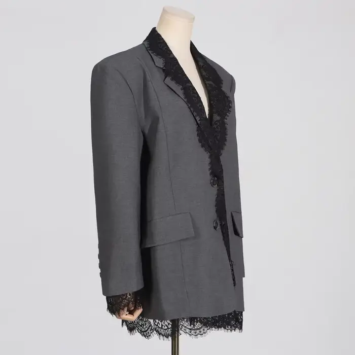 VGH-Blazer Chic en Dentelle Épissée pour Femme, Col Cranté, Manches sulf, Style de Vêtement Féminin