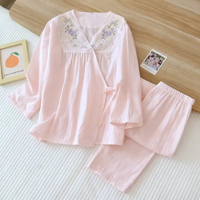 Pyjama en gaze de coton pour femmes, vêtements de détente, col en V, vêtements de nuit sexy, broderi