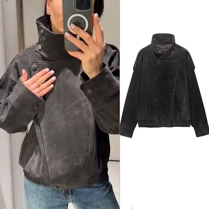 Dámska motocyklová bunda z textúrovanej kože v tmavosivej farbe