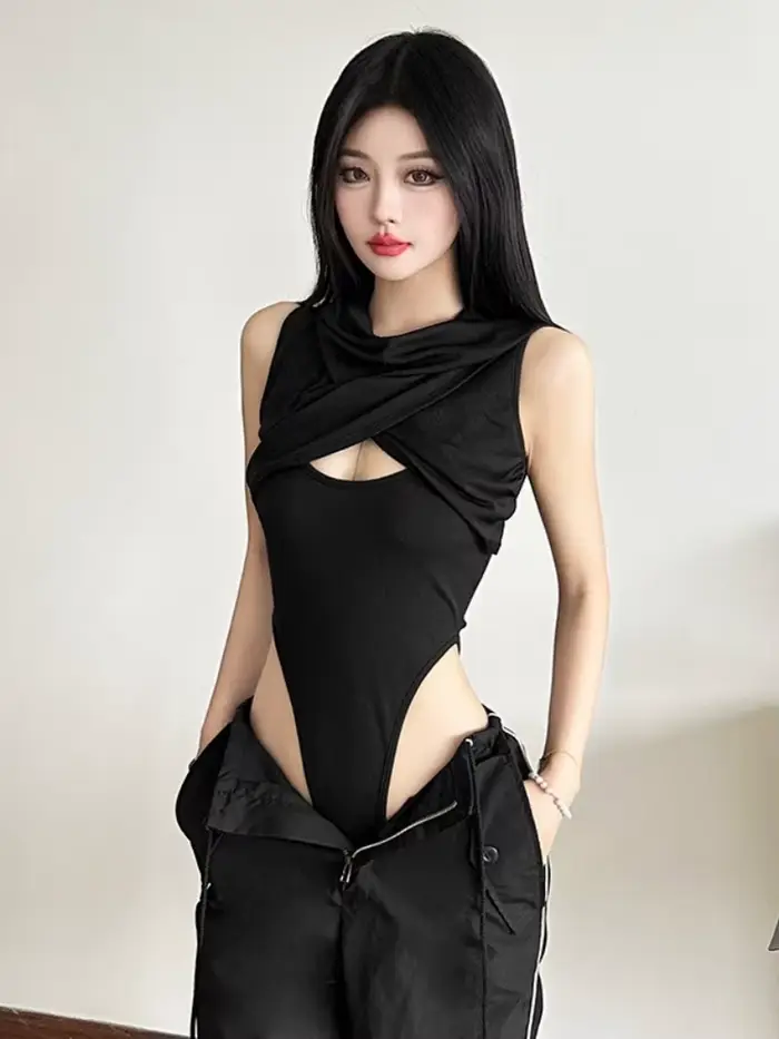 Body à capuche évider Lingerie corps Sexy Feminino sans manches une pièce Lenceria Femenina coupe ajustée haut Sexy femmes Streetwear