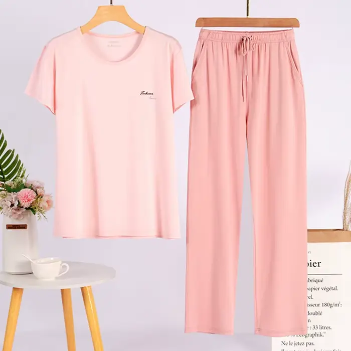 Ensemble de pyjama à manches courtes pour femmes, pantalon long imbibé, printemps, été, vêtements de