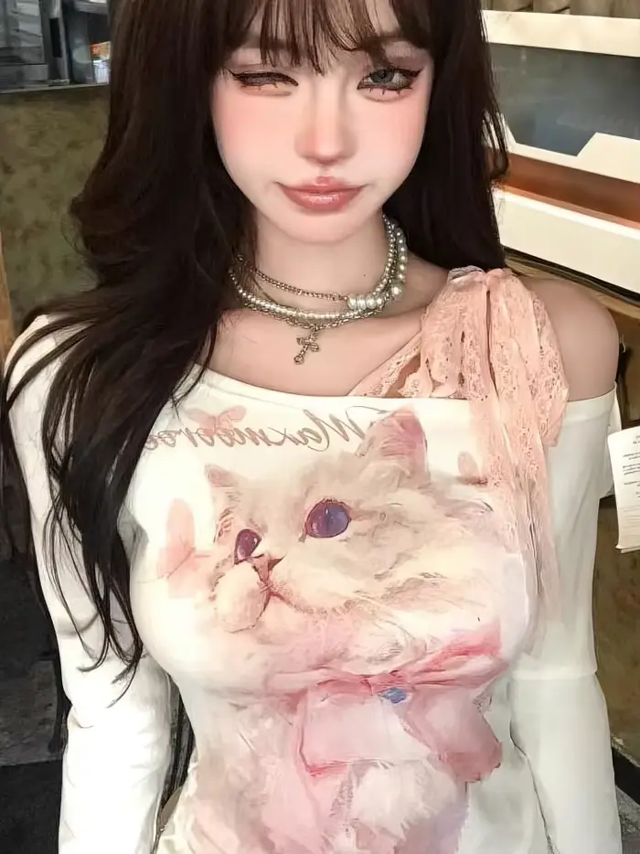 Y2k chat imprimé blanc épaules dénudées à manches longues t-shirt femmes avant rose dentelle nœud at