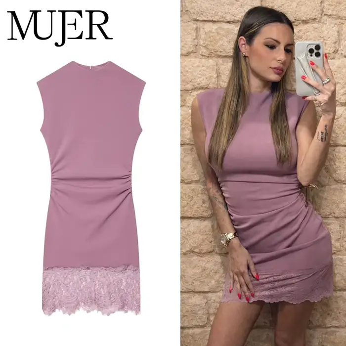 Krátke šaty Mujer z fialového polyesteru s elegantnou čipkou pre ženy, na večery a jarné špeciálne príležitosti