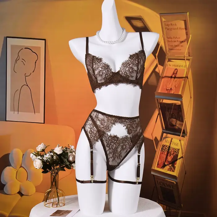 Ellolace spodná bielizeň Sexy a elegantné pevné, 3-dielna sada s podprsenkou, opaskom, tangá a podväzkami, spodná bielizeň zvodná čipka a roztomilý