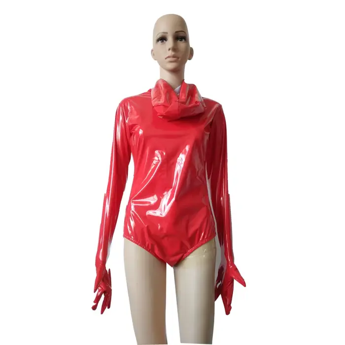 Červená lesklá PVC koženka Sexy trikot pre dospelých, polovica-body Zentai, šaty s dlhým rukávom, party oblek, značka