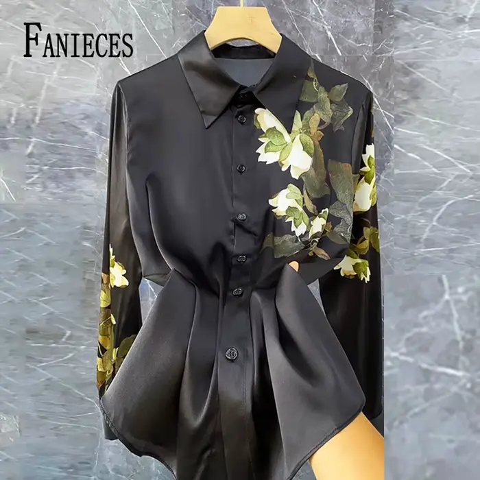 FANIECES čierna saténová dámska košeľa s dlhým rukávom na jar/jeseň tenká blúzka do kancelárie dámske topy Blusas Para Mujer