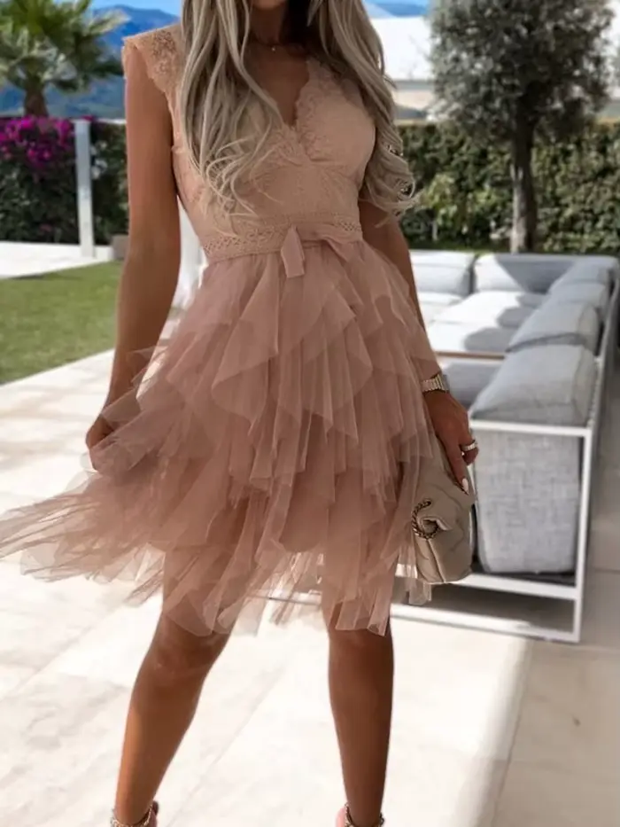 Dentelle col en V femmes taille haute robe unie été dame Patchwork maille robe asymétrique sans manc