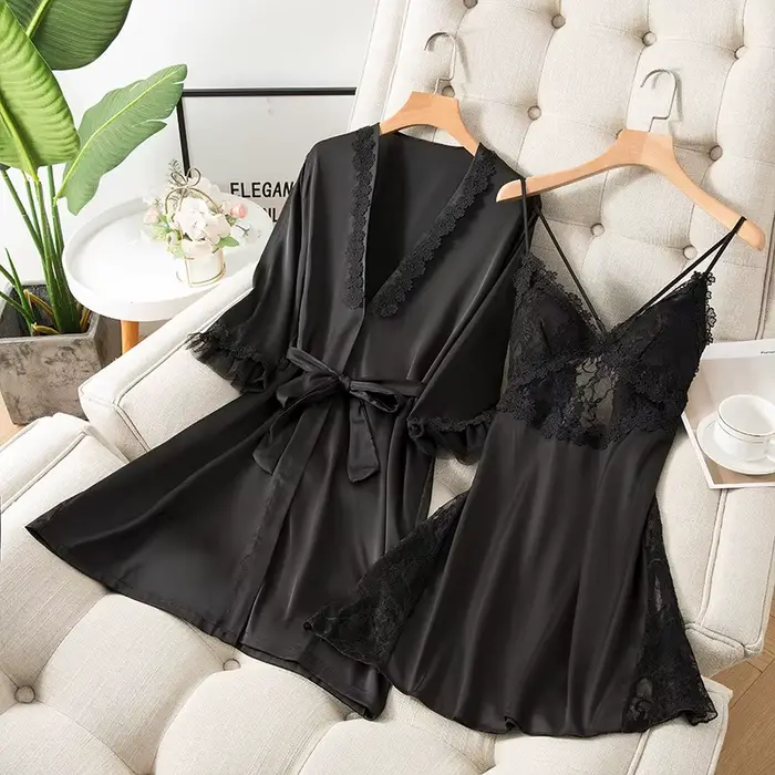 2 pièces Kimono Robe ensemble femmes Satin vêtements de nuit chemise de nuit Sexy décontracté vêtements de maison Lingerie intime dentelle peignoir Robe