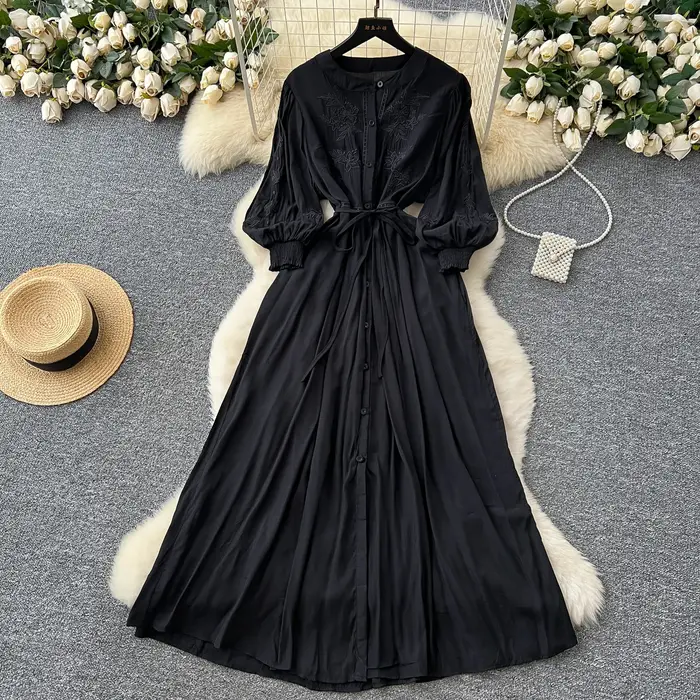 Elegantné vintage vyšívané gombíkové šaty do A-liniek Štýlové ležérne plážové prázdninové letné