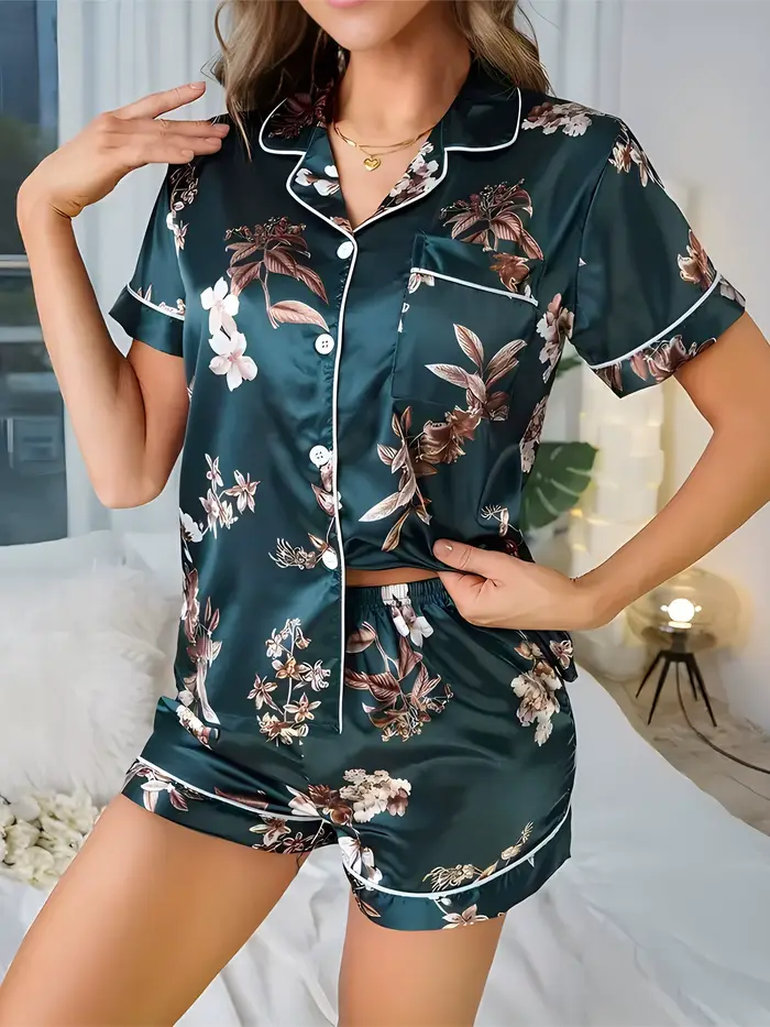 Dámske pyžamo, elegantný kvetinový tlač príležitostné oblečenie set, krátky rukáv top s klopovým golierom a gombíky, elastický pás šortky, dámske pyžamový set