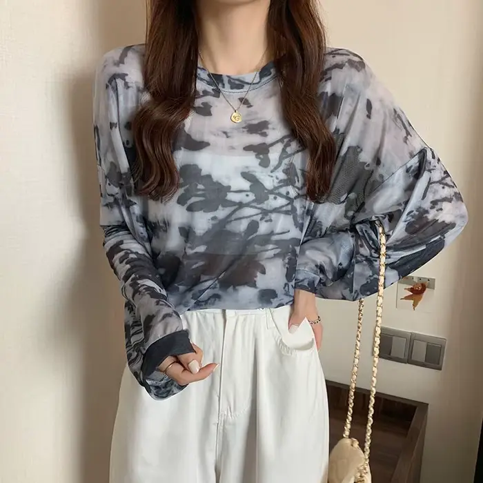 T-shirt à manches longues pour femmes, respirant, col rond, maille, résistant au soleil, style corée