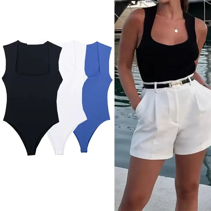 MUJER 2025 čierne ženské body s hranatým výstrihom bez rukávov modré biele Sexy priliehavé
