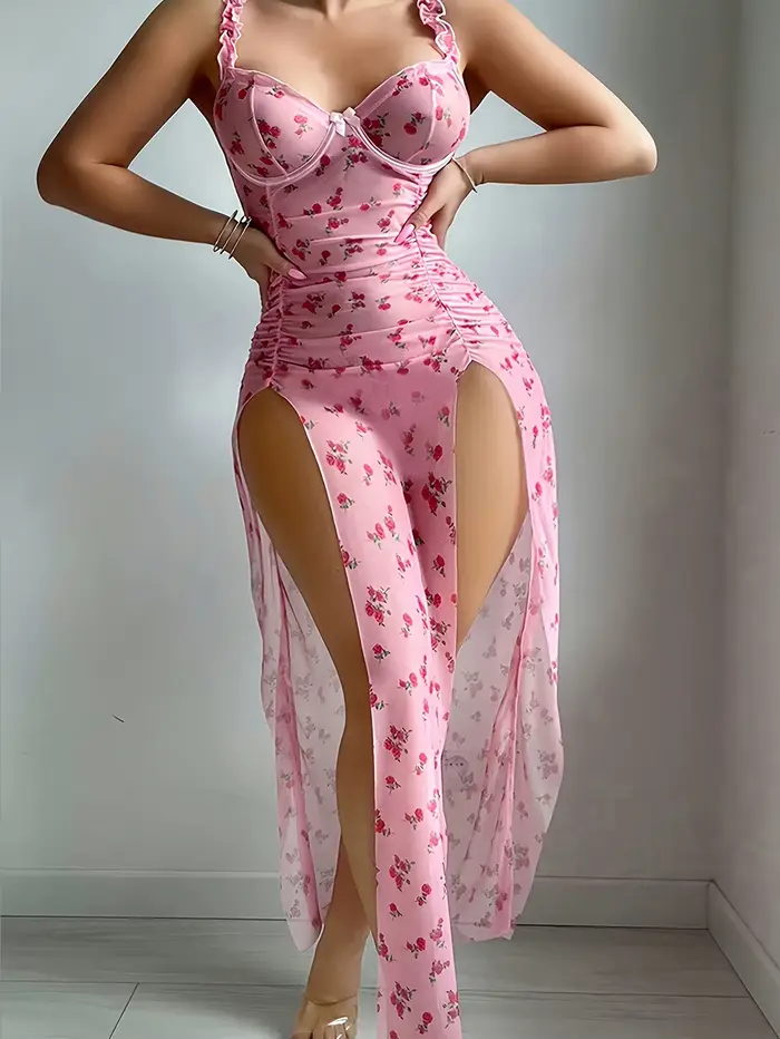 Ružová dvojdielna sexy bielizeň pre ženy, dlhé šaty na Valentína, tangá
