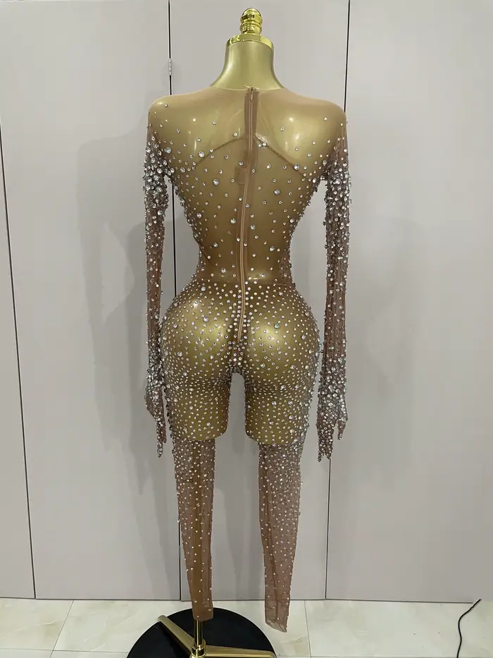 Combinaison de luxe en maille transparente pour femmes, strass scintillants, Sexy, moulante, robe d'