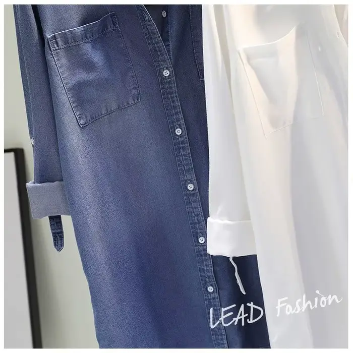 Chemise mi-longue contenant du coton pour femmes, vêtements à la mode, coupe ample, manches longues,