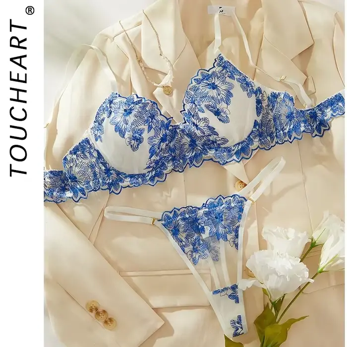 Sexy spodná bielizeň pre ženu, kvetinová výšivka, polyester, 3/4 šálka podprsenky, nohavičky, zadné zatvorenie, špeciálna príležitosť, darček pre ženy