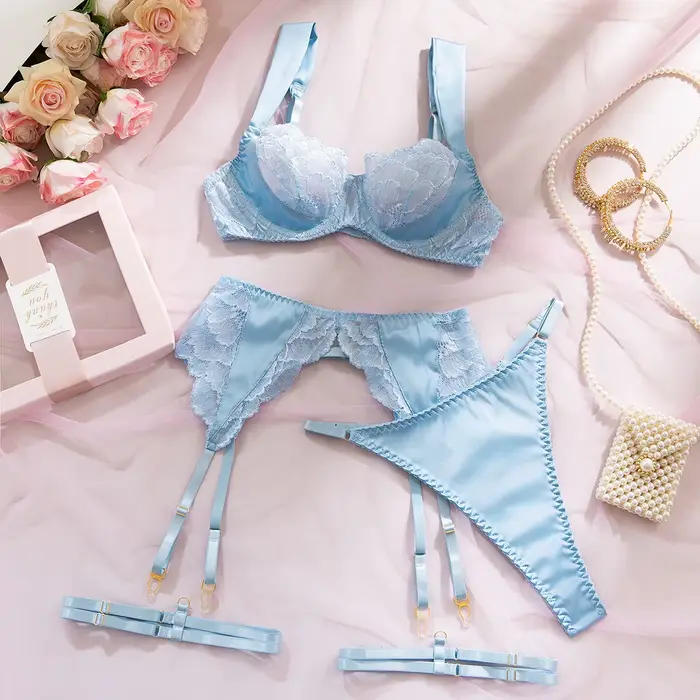 Ellolace Valentine Lingeries Sexy Hot Elegant Satin Bra Belt Thong 3PC with Leg Circles Premium Attr