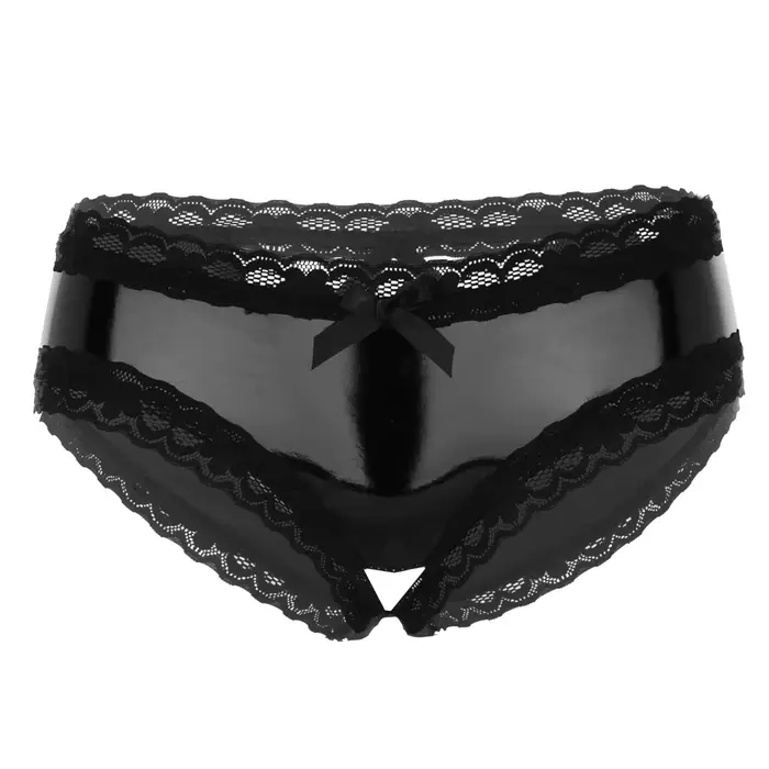 Lingerie en latex à entrejambe ouverte pour femmes, Wetlook, cuir verni, slips en dentelle 7.0, ling