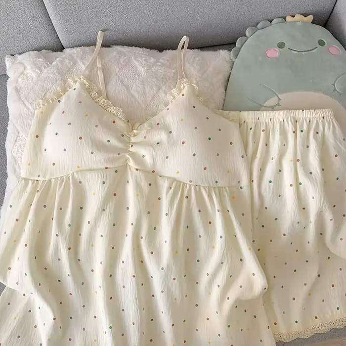 Dámsky pyžamový set, farebná polka dot kamizola s hrudnými vankúšikmi, dvojdielne oblečenie na spanie, čipka V-neck, bez rukávov, mäkké a pohodlné pyžamo