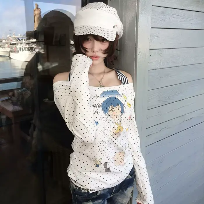 Japonské tričko Karrram Y2k s anime potlačou 2000s Cutecore s odhalenými ramenami Vintage Harajuku s dlhými rukávmi falošný dvojdielny top Kawaii