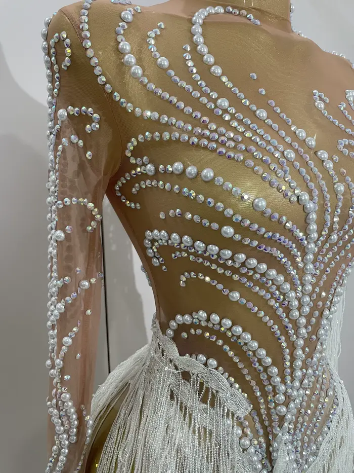 Femmes brillant strass perle paillettes gland Sexy robe transparente soirée fête d'anniversaire disc