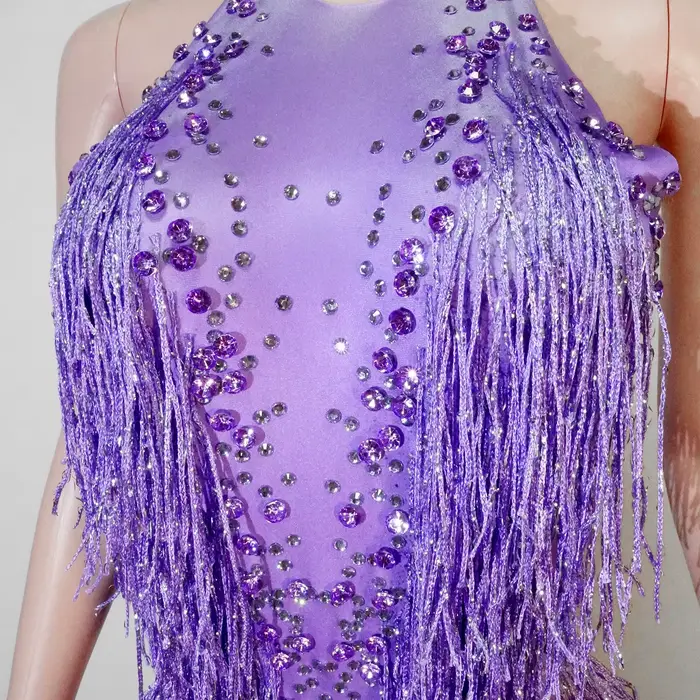 Costume de danse pour femmes élégant avec strass scintillants et franges pour spectacle, boîte de nuit, concours et célébrations diverses