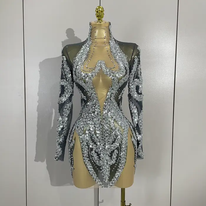 STOCK – tenue de scène Sexy en maille, manches longues, strass scintillants, Mini robe, fête d'anniv