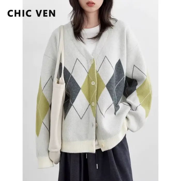 Kardigan Chic Ven z akrylového polyesteru a nylonu s výstrihom a geometrickým vzorom pre ženy špeciálne príležitosti jesenná zima