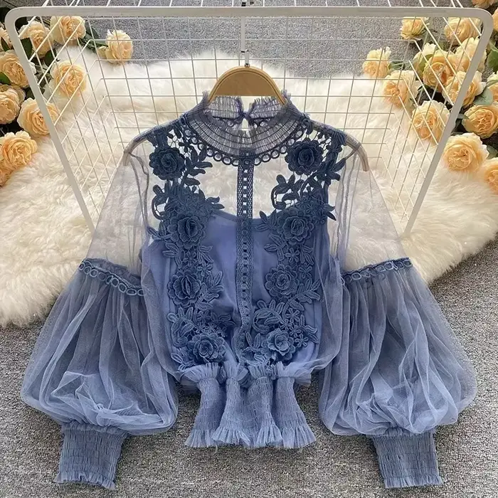 Dlhé rukávy nadýchaná čipka Vintage blúzka Módne elegantné blúzky pre ženy Kórejské