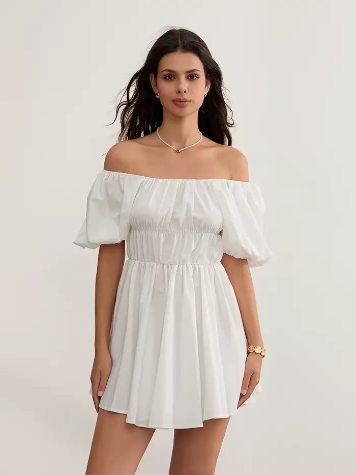Robe d'été décontractée à manches courtes bouffantes pour femmes, tunique à épaules dénudées, mode s