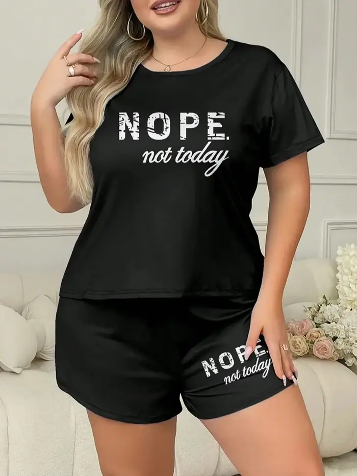 Ensemble pyjama imprimé lettres, t-shirt à manches courtes et short élastique, grande taille, tenue 