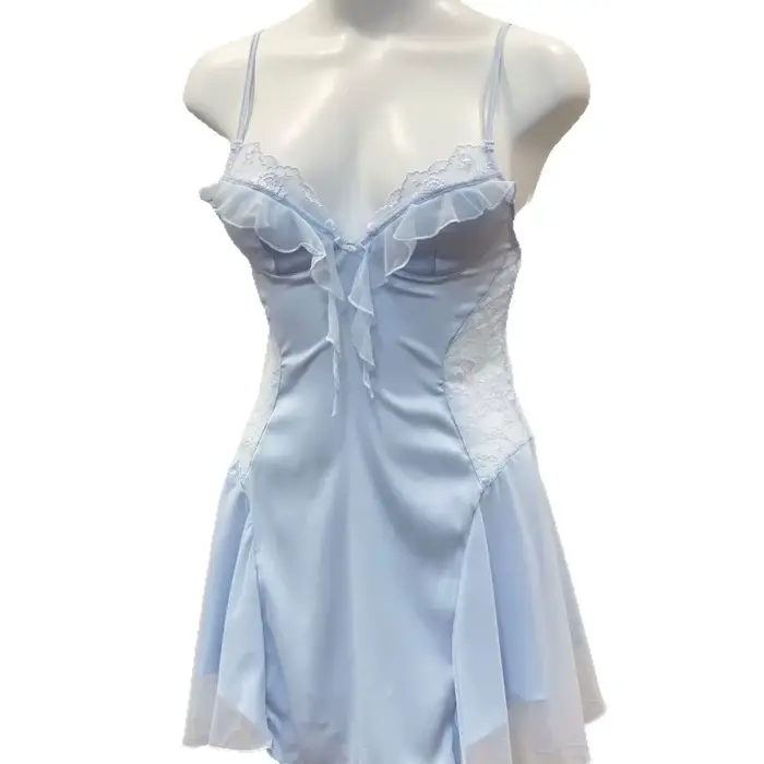 Chemise de nuit en polyester et dentelle bleu clair sexy sans manches pour femmes, pour les nuits chaudes et les soirées romantiques