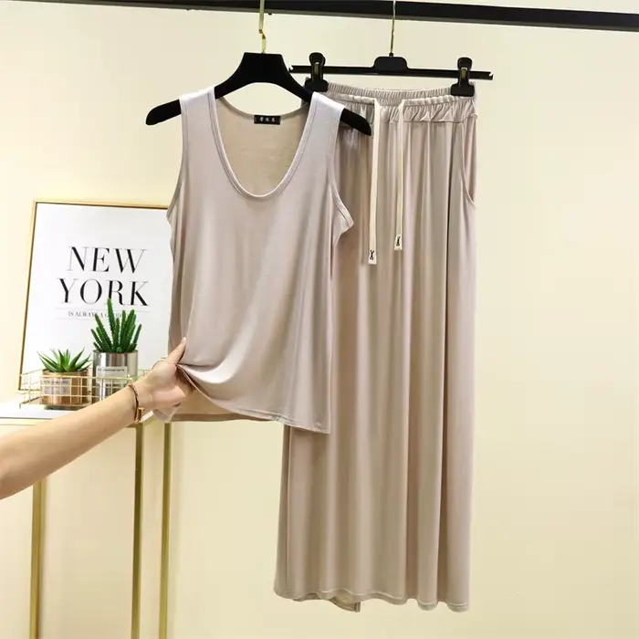 Pyjama Femme Modal Sans Manches Pantalon Cheville Taille M L XL XXL Couleurs Grises Noires Bleues Café Argentées Occasions Spéciales