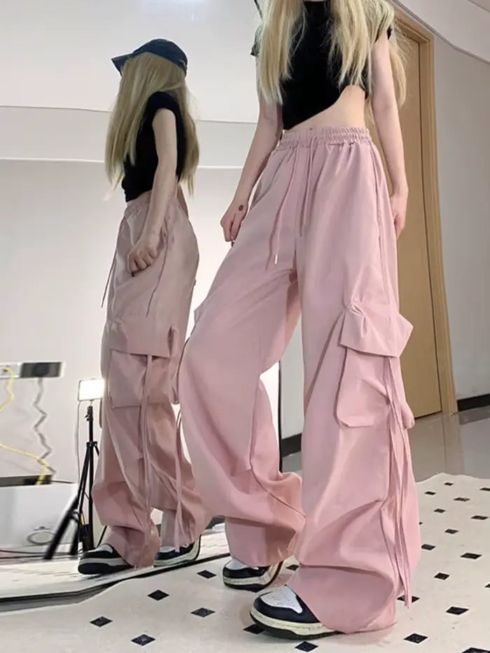 Zoki ružové streetwear cargo nohavice pre ženy voľné Harajuku Y2K rovné