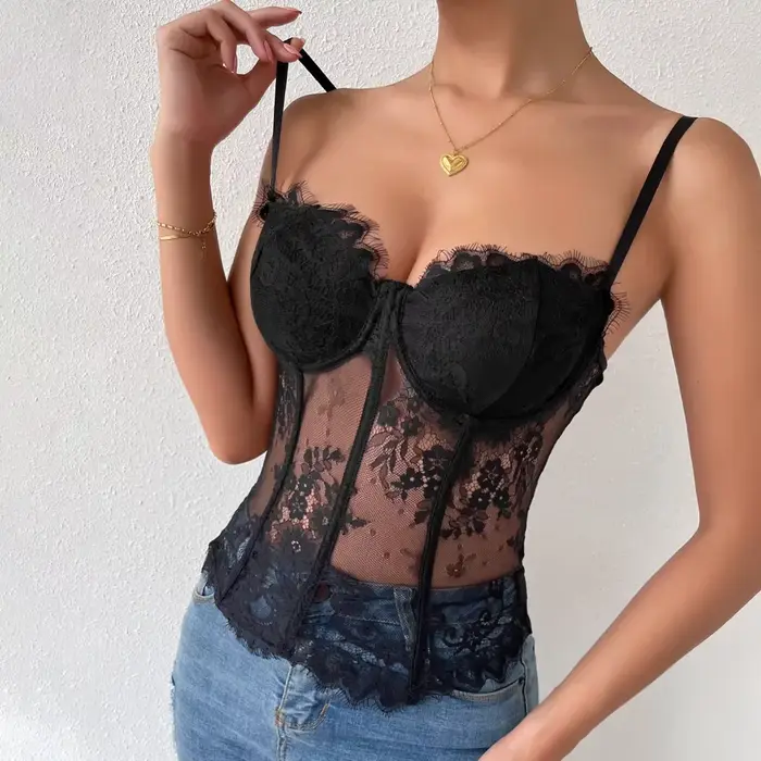Sexy polyester a elastan korzet s čipkou pre ženy, bustiers a ohlávka, elegantné spodná bielizeň pre špeciálne príležitosti