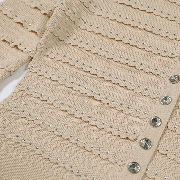 Súprava cardigan + tielko + polosukňa z čipkovaného úpletu s kamienkami