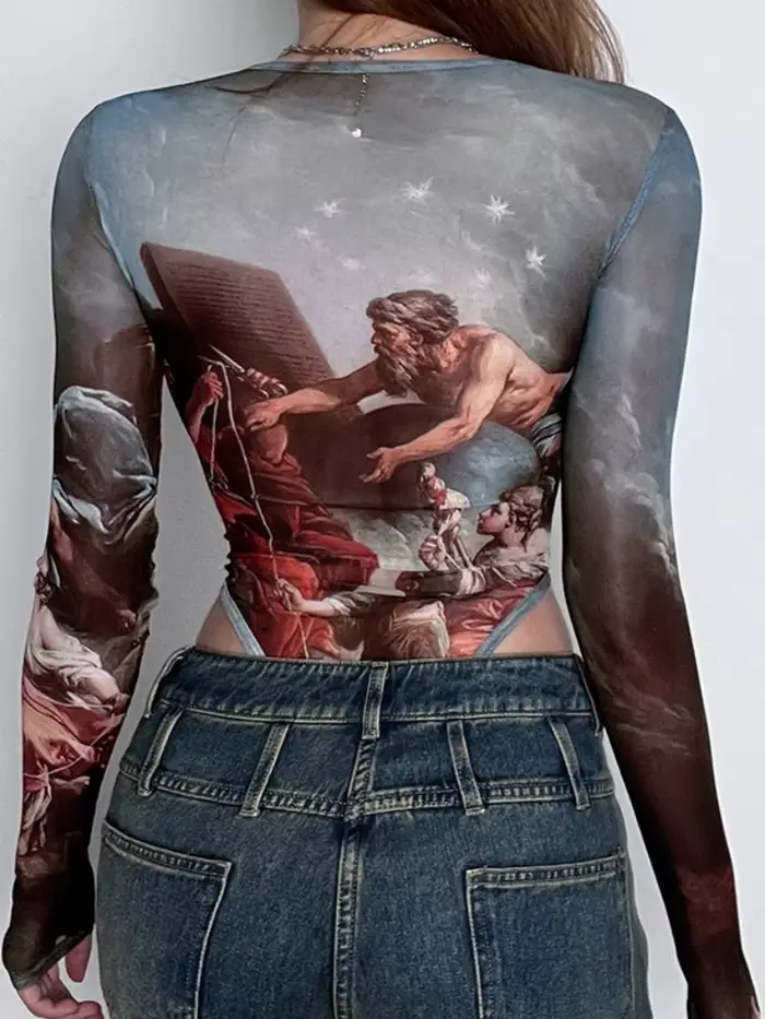 Vintage vytlačené Sexy body, priehľadná gáza spodná bielizeň, Lenceria transparente, s dlhými rukávmi, námestie krku, Bustier Top