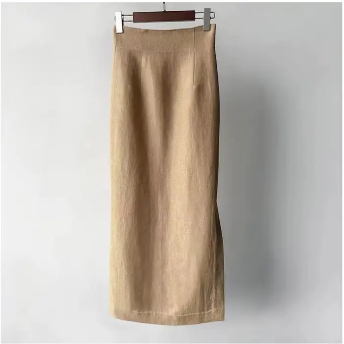 Jupe simple taille haute en lin et laine, atmosphère artistique espagnole, ourlet texturé, fente lat