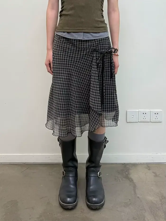 Deeptown Vintage Plaid maille jupes femmes japonais asymétrique mi jupe Y2k Harajuku à lacets jupes 