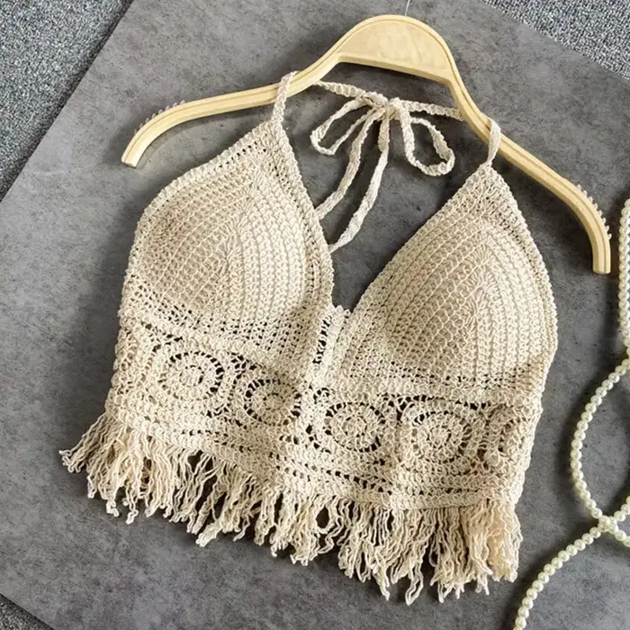 Sexy Boho plážové prázdniny Camisole lano ženy Háčkovaný pletený plavkový podprsenka holý chrbát vesta dutý strapček top