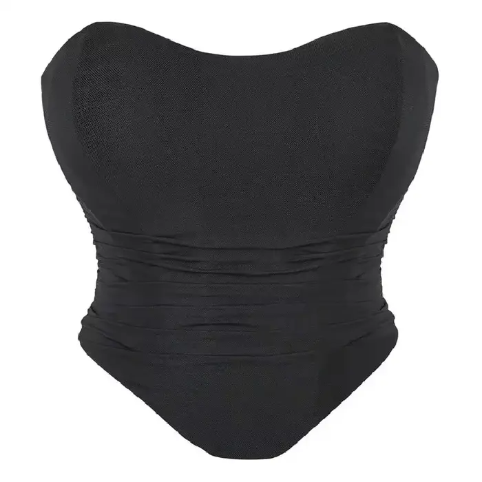 Vin rouge élégant maille froncé ruban de poisson cravate dos dos nu ourlet incurvé Bustier Corset Bo