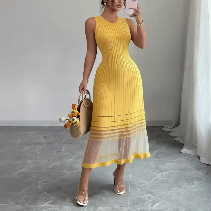 Robe midi décontractée pour femme, sans manches, col rond, en maille élastique, avec ourlet transpar