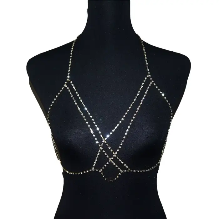 Soutien-gorge en strass réseau croisé brillant, chaîne de corps exagérée pour femmes, chaîne de sout