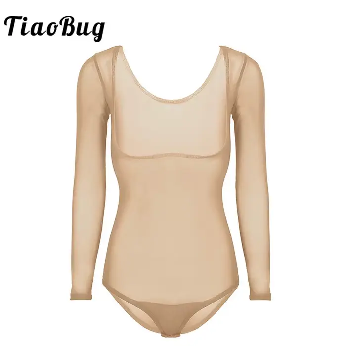 Body pour femme en polyester non tissé pour danse du ventre avec manches longues et buste ouvert pour performances et entraînement