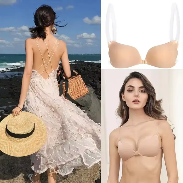Neviditeľná podprsenka spodná bielizeň Ženy Push Up Silikónové svadobné tesné opakovane použiteľné bez ramienok priehľadný Backless Bikini