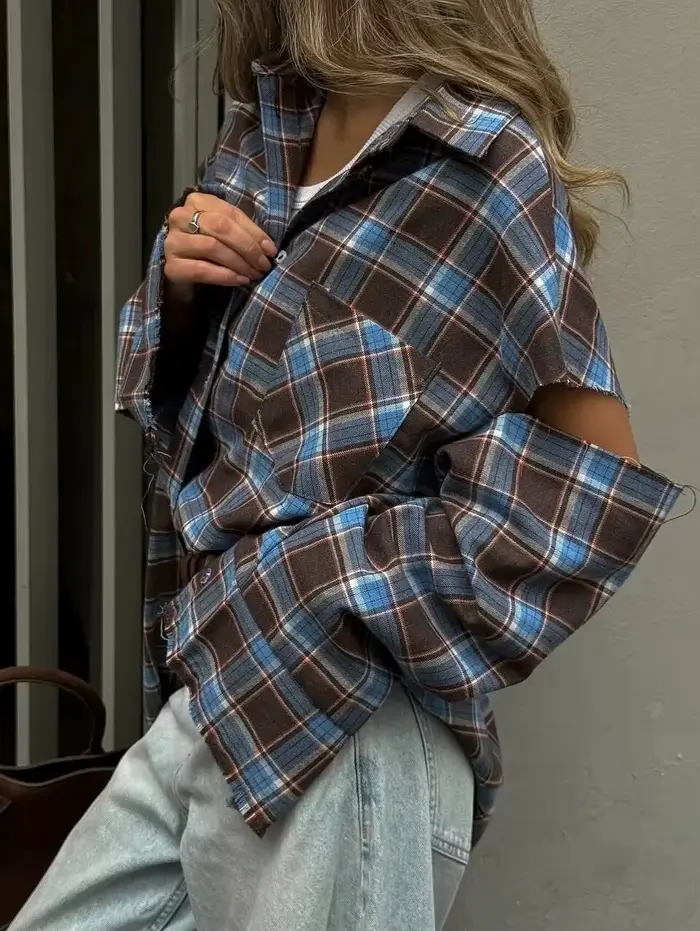 Chemise à motif à carreaux tendance pour femmes, élégante, col à revers, manches longues, simple bou